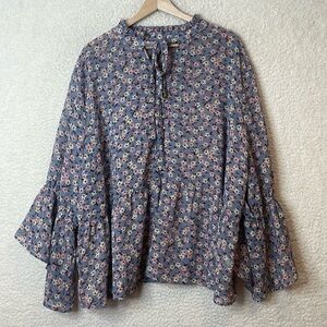 Moon Orchid Womens Blue Floral Neck Tie Bell Sleeve Top SIZE 26/28 PLUS